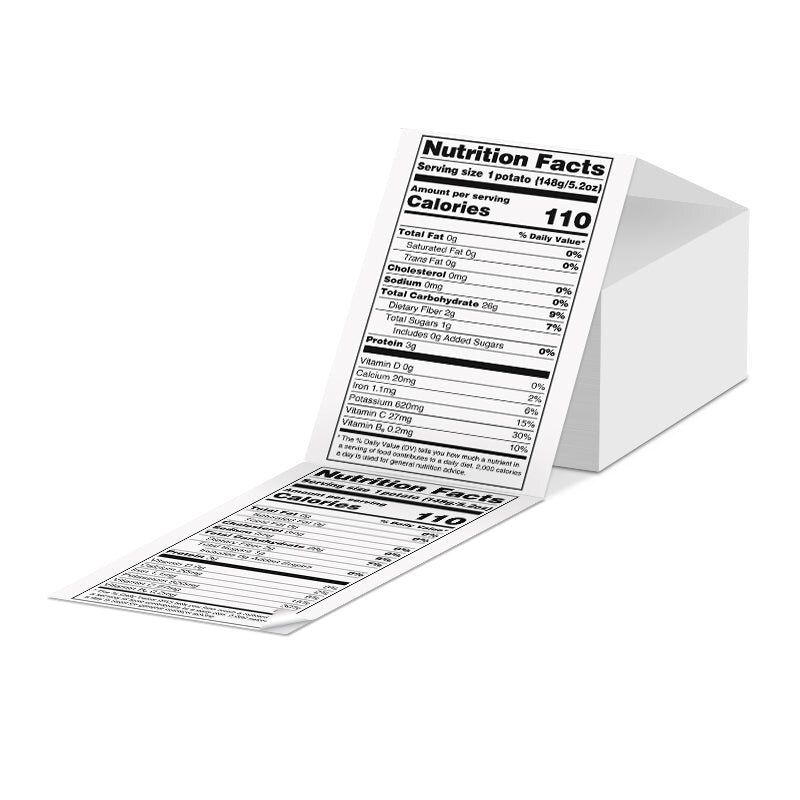 Een gevouwen stapel thermische labels op doorlopend rugpapier