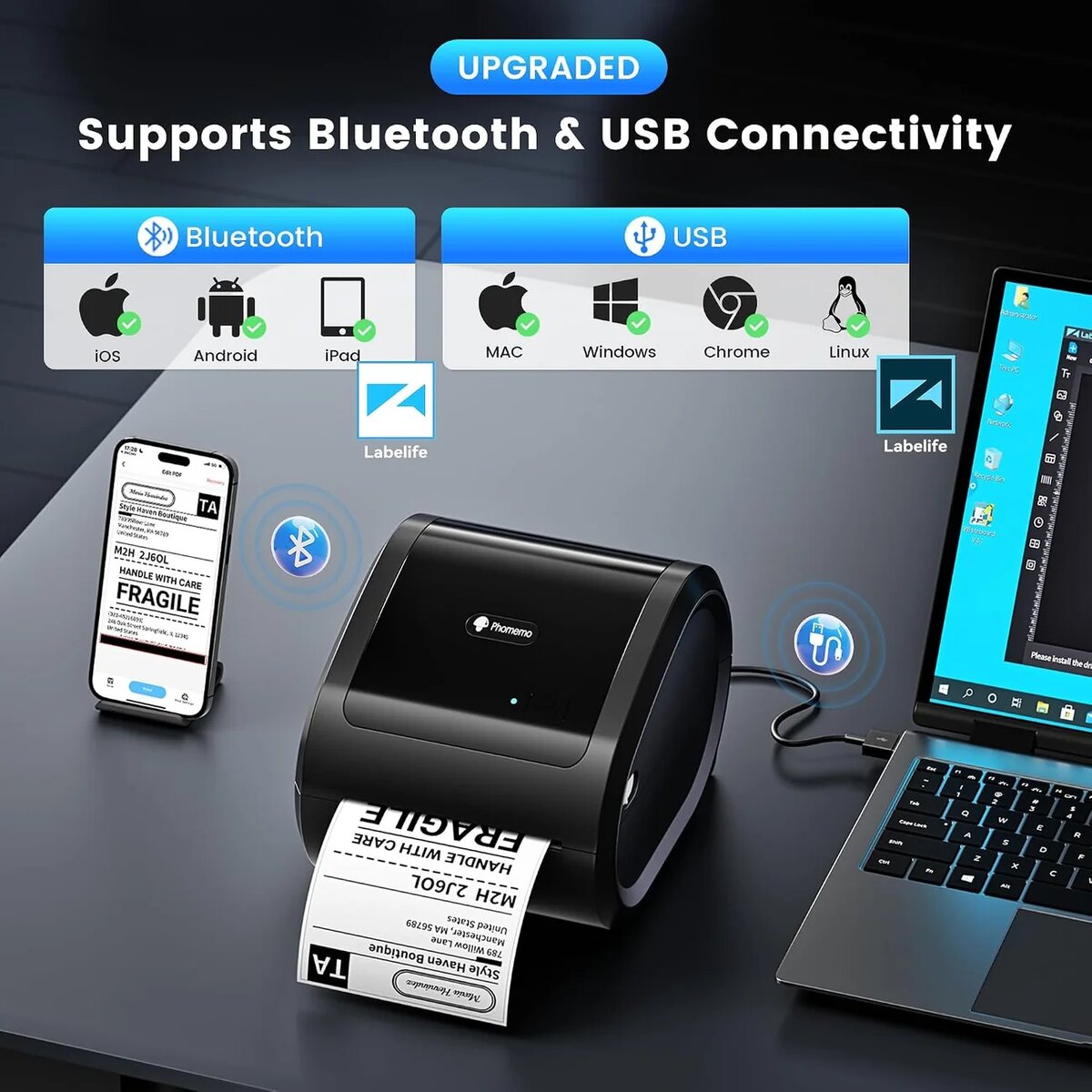 Phomemo D520BT desktop-labelprinter — in gebruik