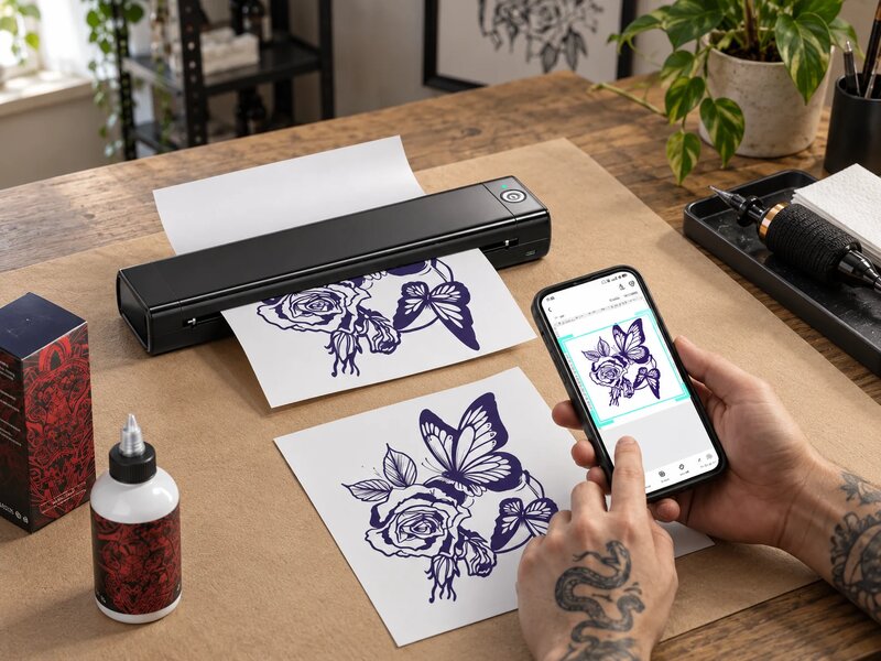 Ontwerpen en geprinte stencils op een werktafel in een tattoostudio
